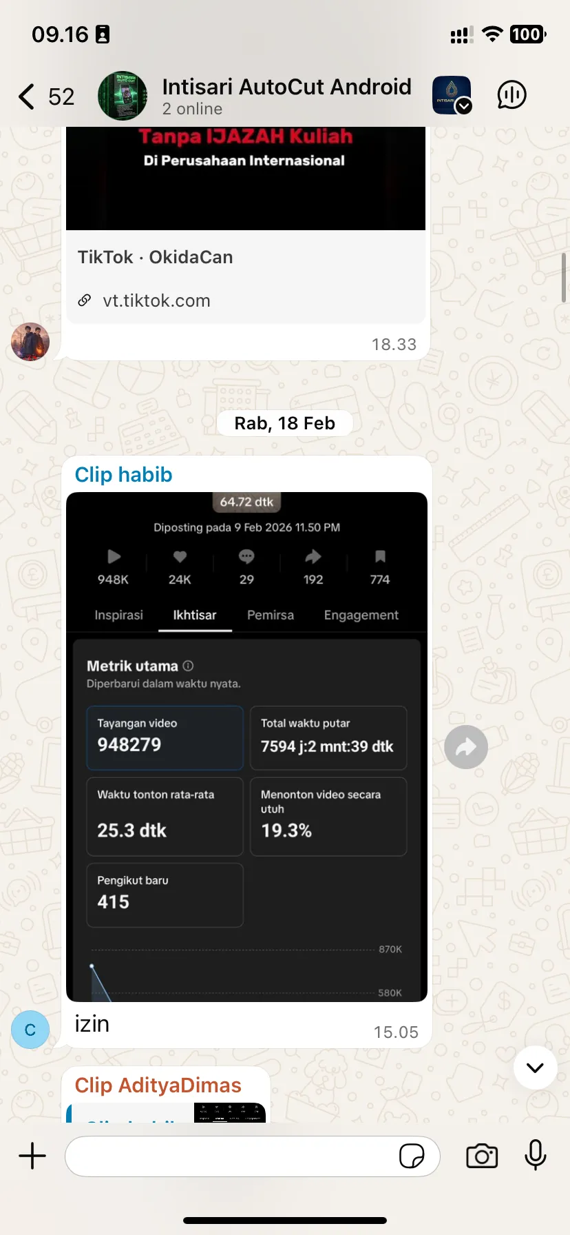 Bukti Analitik TikTok 948K Views